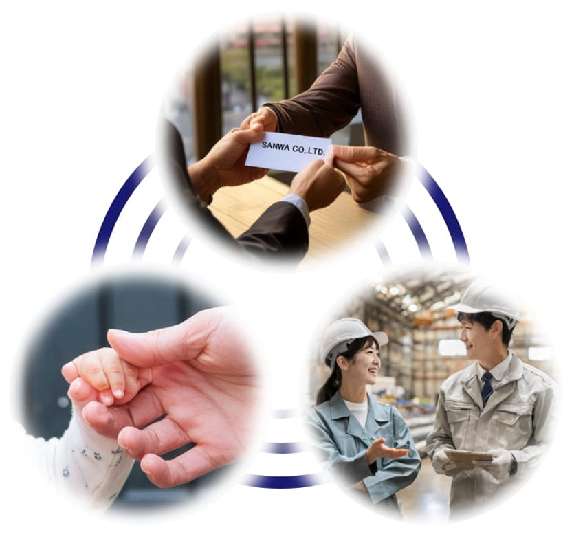 Three circular images connected by blue lines, symbolizing collaboration and connection.